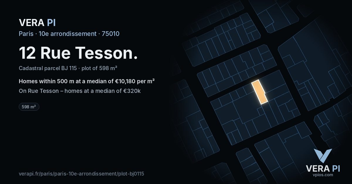 12 Rue Tesson, 10e arrondissement at night – the plot lit, the parcels around coloured by the prices near them