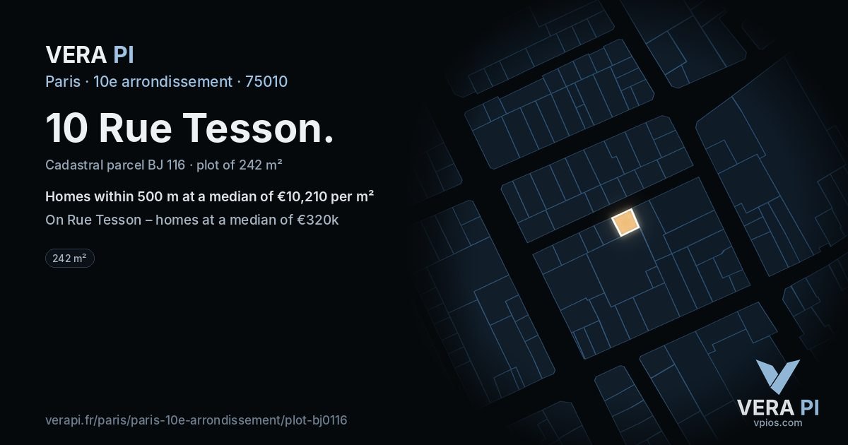 10 Rue Tesson, 10e arrondissement at night – the plot lit, the parcels around coloured by the prices near them