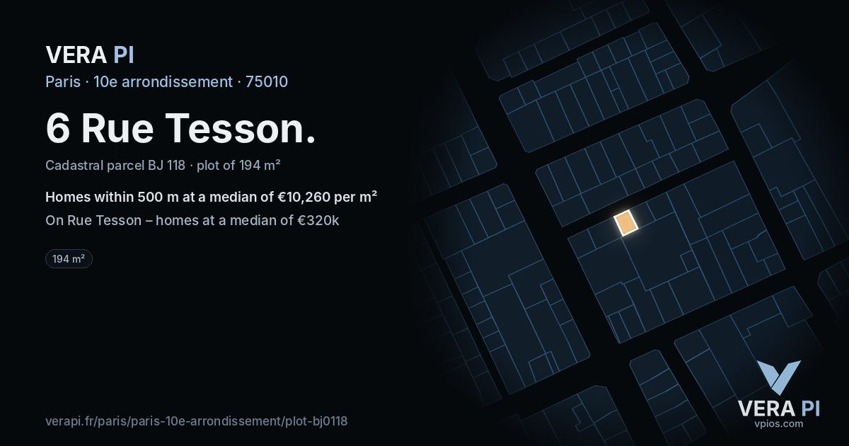 6 Rue Tesson, 10e arrondissement at night – the plot lit, the parcels around coloured by the prices near them