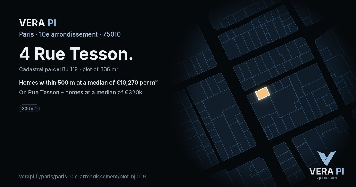 4 Rue Tesson, 10e arrondissement at night – the plot lit, the parcels around coloured by the prices near them