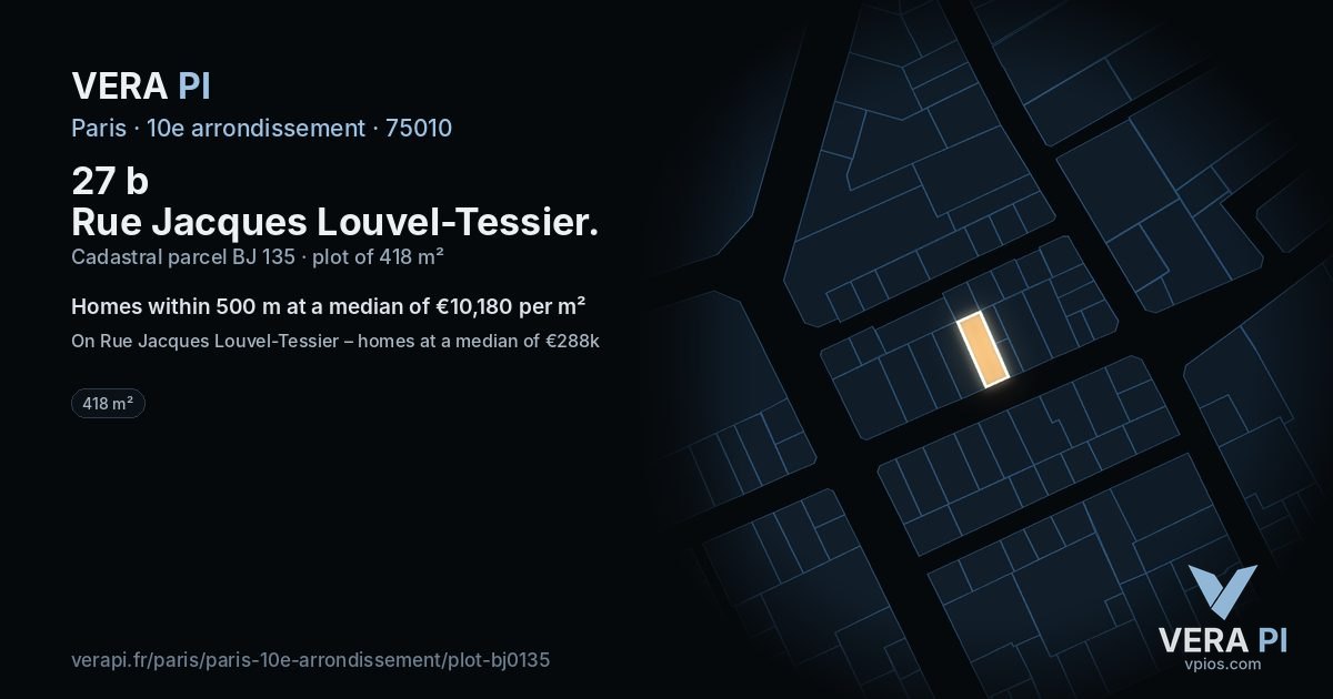 27 b Rue Jacques Louvel-Tessier, 10e arrondissement at night – the plot lit, the parcels around coloured by the prices near them