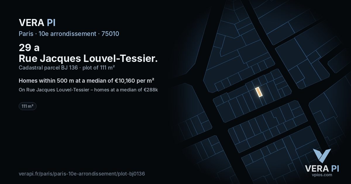 29 a Rue Jacques Louvel-Tessier, 10e arrondissement at night – the plot lit, the parcels around coloured by the prices near them