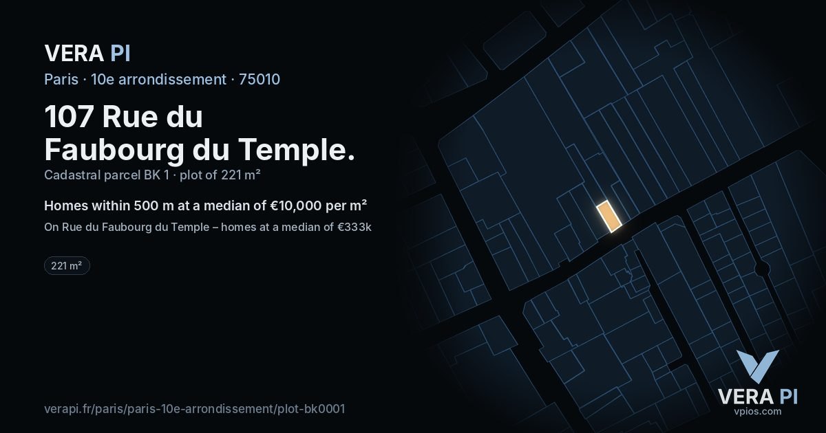 107 Rue du Faubourg du Temple, 10e arrondissement at night – the plot lit, the parcels around coloured by the prices near them
