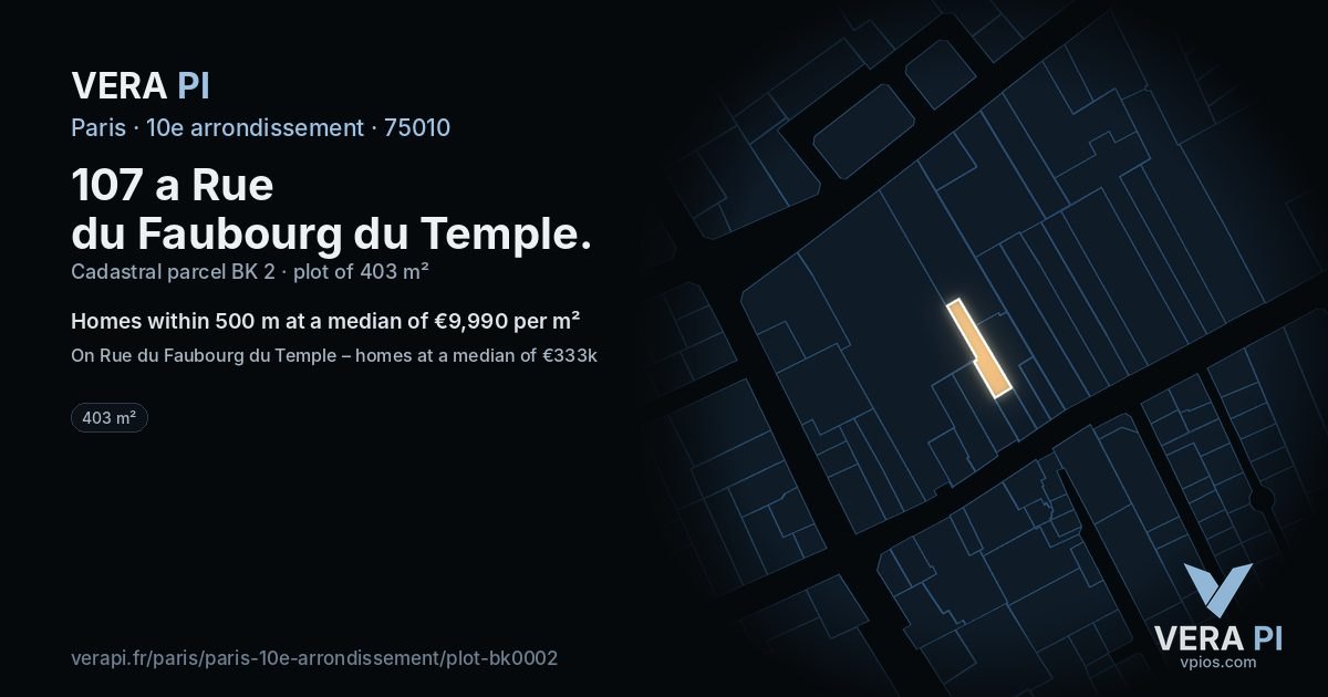 107 a Rue du Faubourg du Temple, 10e arrondissement at night – the plot lit, the parcels around coloured by the prices near them