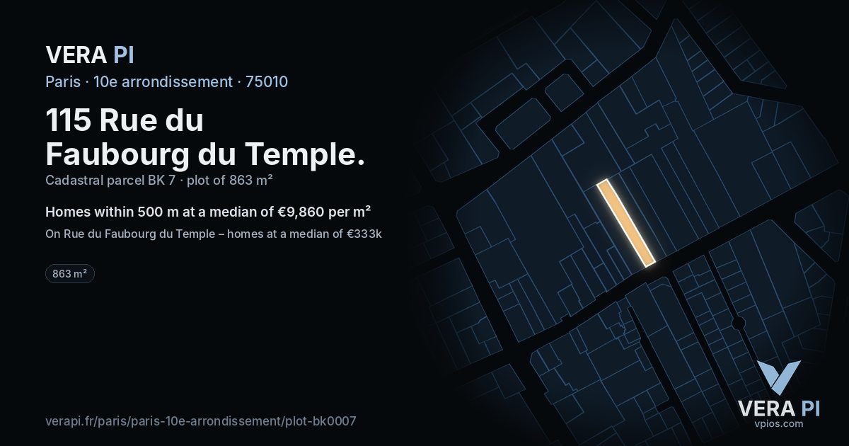 115 Rue du Faubourg du Temple, 10e arrondissement at night – the plot lit, the parcels around coloured by the prices near them