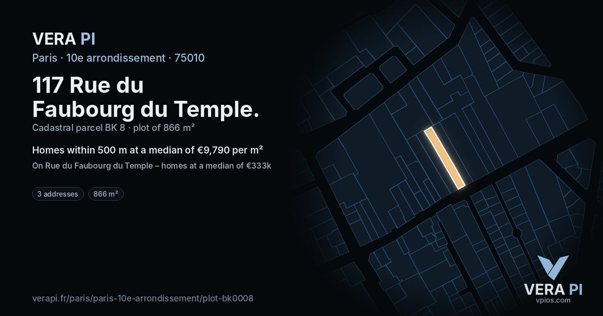 117 Rue du Faubourg du Temple, 10e arrondissement at night – the plot lit, the parcels around coloured by the prices near them