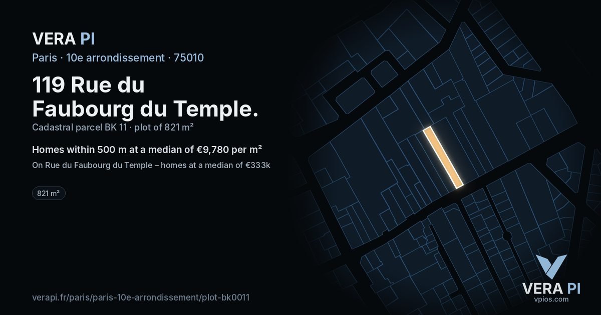119 Rue du Faubourg du Temple, 10e arrondissement at night – the plot lit, the parcels around coloured by the prices near them