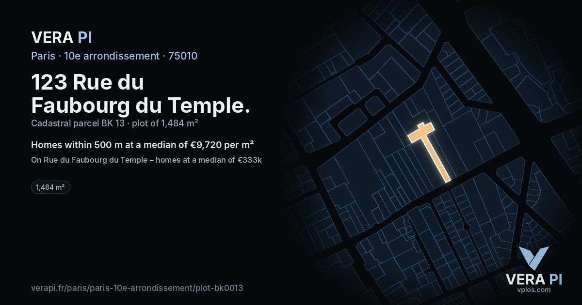 123 Rue du Faubourg du Temple, 10e arrondissement at night – the plot lit, the parcels around coloured by the prices near them
