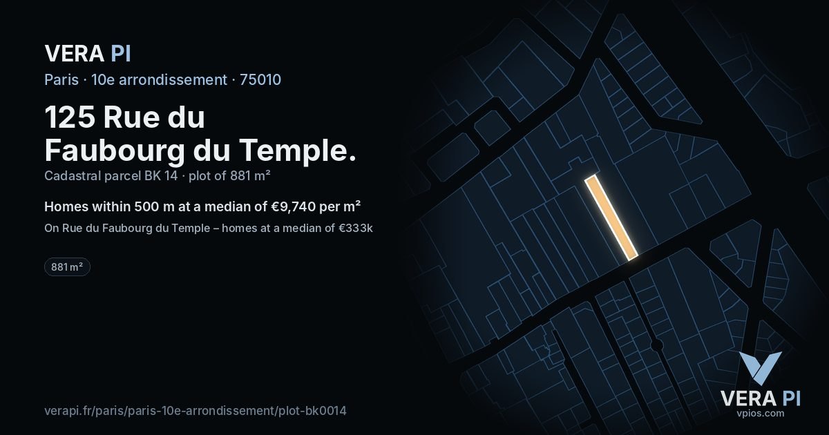 125 Rue du Faubourg du Temple, 10e arrondissement at night – the plot lit, the parcels around coloured by the prices near them