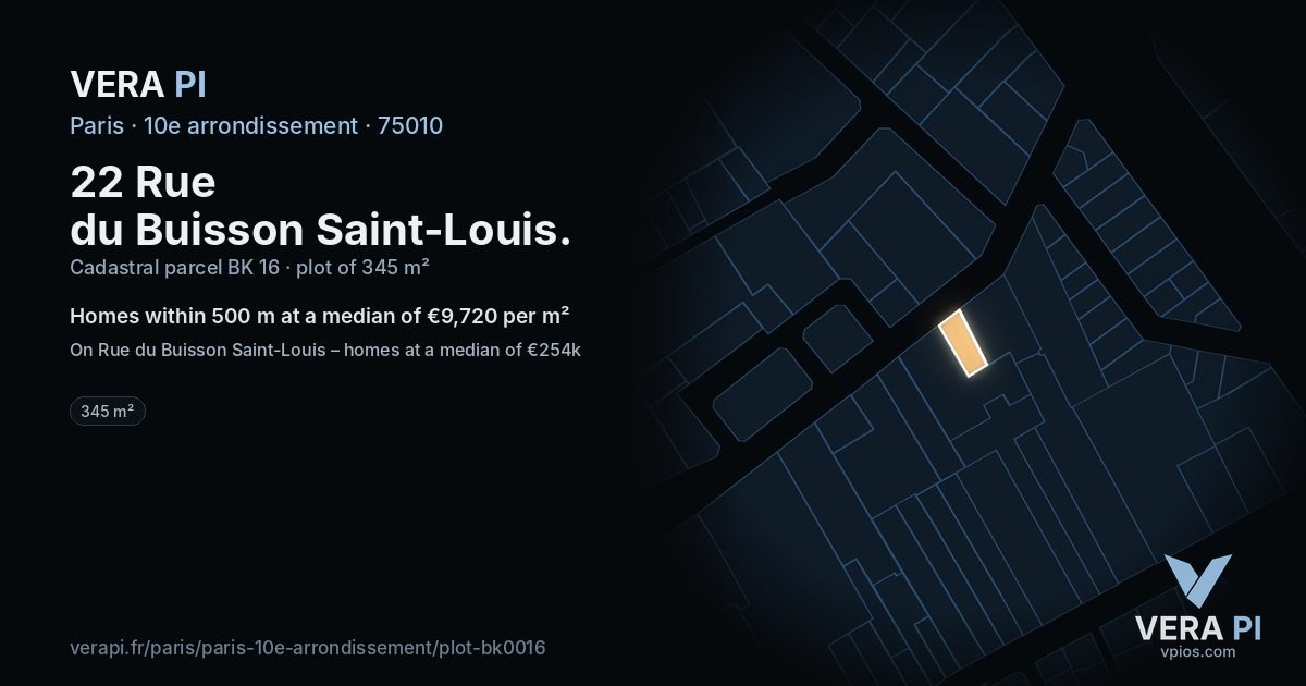 22 Rue du Buisson Saint-Louis, 10e arrondissement at night – the plot lit, the parcels around coloured by the prices near them