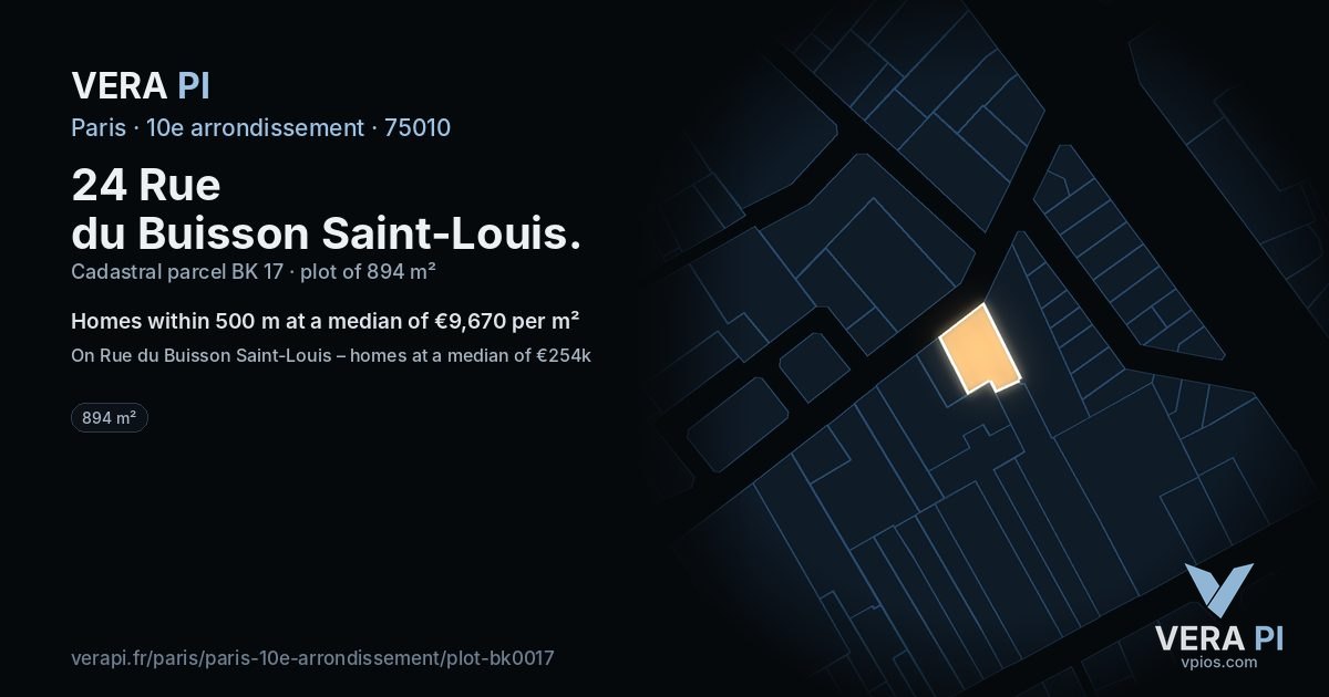 24 Rue du Buisson Saint-Louis, 10e arrondissement at night – the plot lit, the parcels around coloured by the prices near them