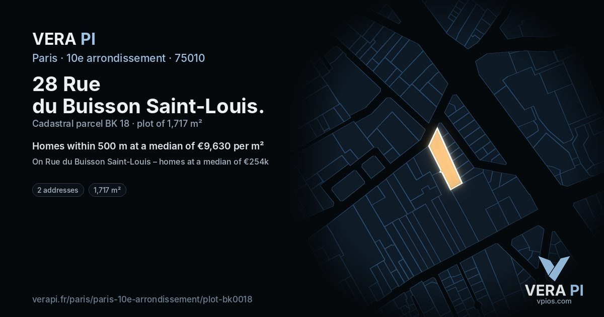 28 Rue du Buisson Saint-Louis, 10e arrondissement at night – the plot lit, the parcels around coloured by the prices near them