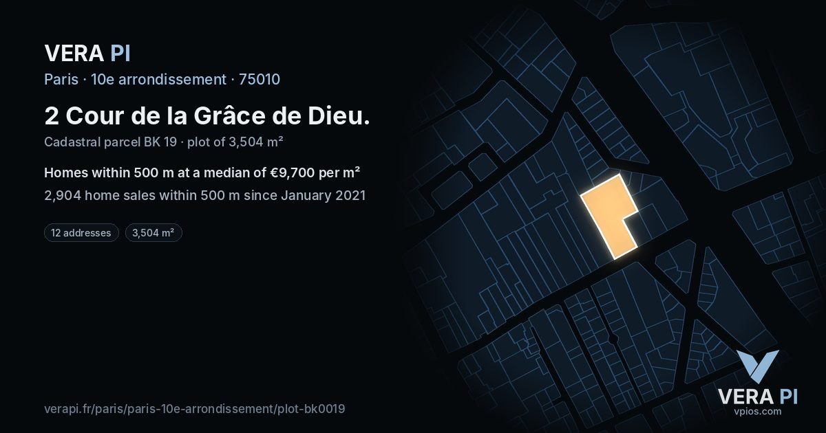 2 Cour de la Grâce de Dieu, 10e arrondissement at night – the plot lit, the parcels around coloured by the prices near them