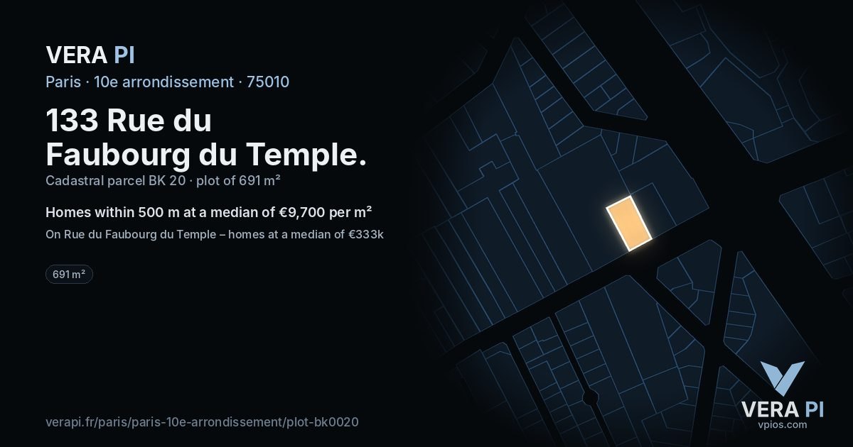 133 Rue du Faubourg du Temple, 10e arrondissement at night – the plot lit, the parcels around coloured by the prices near them