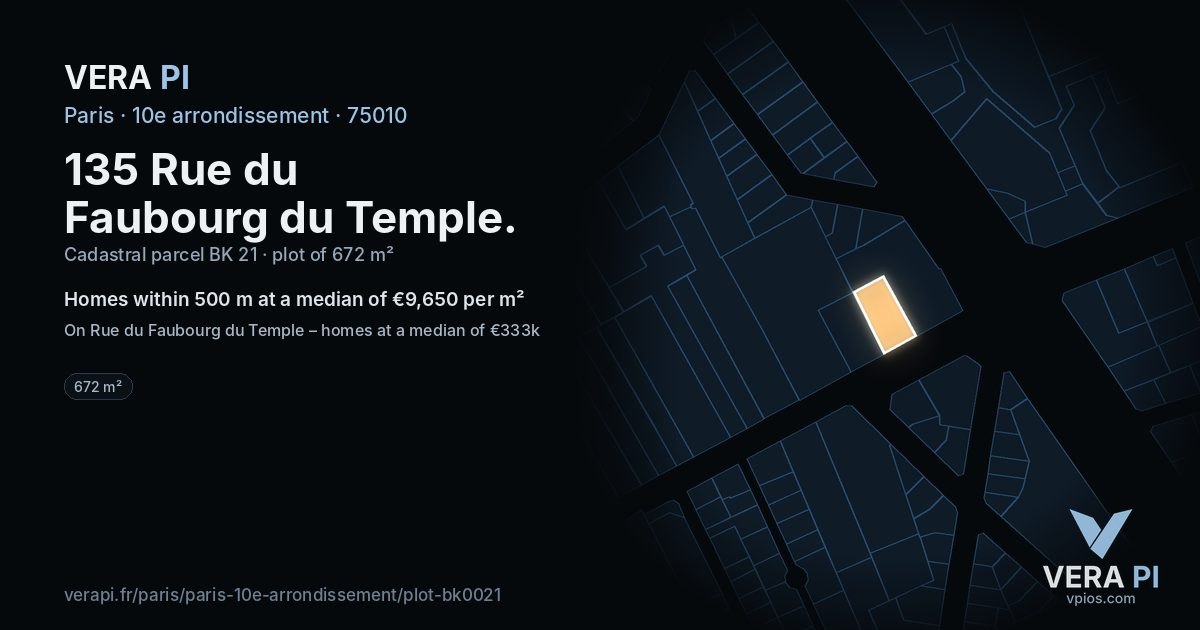 135 Rue du Faubourg du Temple, 10e arrondissement at night – the plot lit, the parcels around coloured by the prices near them