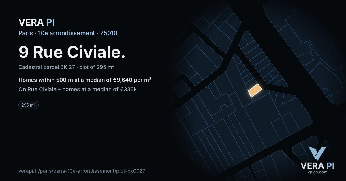 9 Rue Civiale, 10e arrondissement at night – the plot lit, the parcels around coloured by the prices near them
