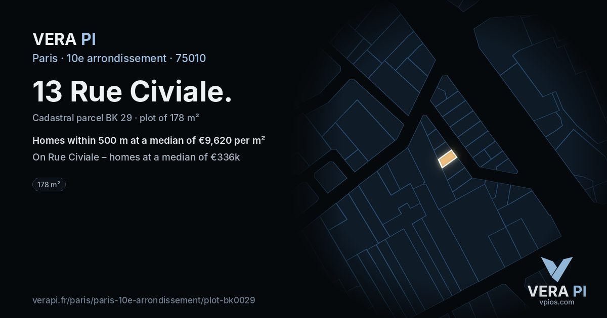 13 Rue Civiale, 10e arrondissement at night – the plot lit, the parcels around coloured by the prices near them