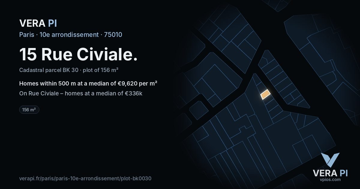 15 Rue Civiale, 10e arrondissement at night – the plot lit, the parcels around coloured by the prices near them