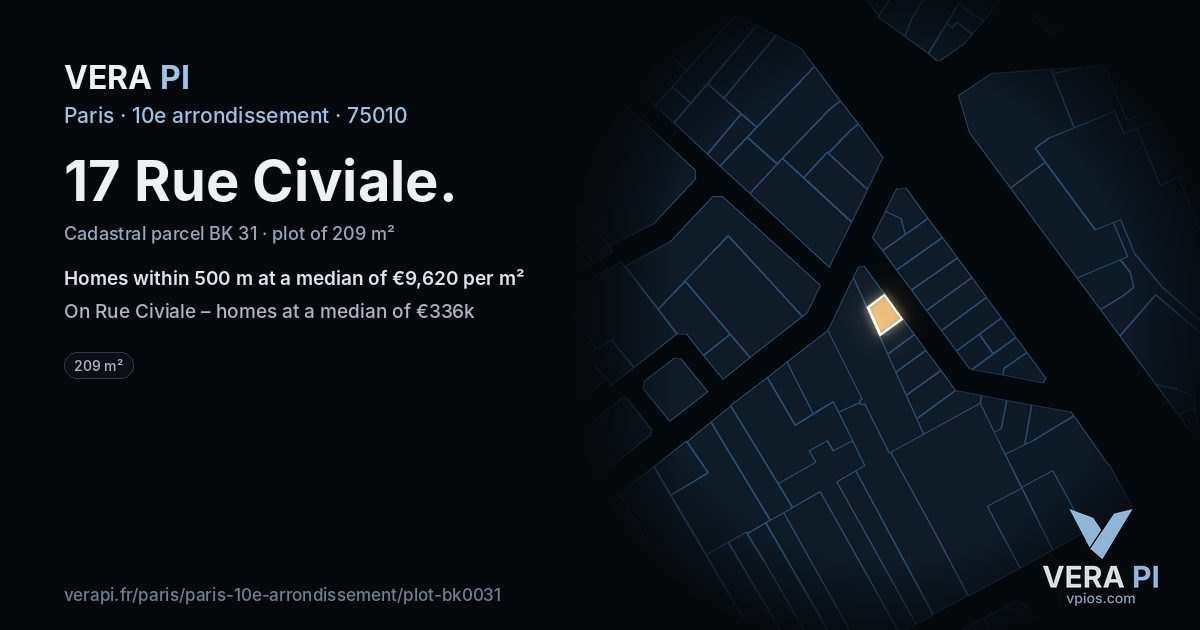 17 Rue Civiale, 10e arrondissement at night – the plot lit, the parcels around coloured by the prices near them