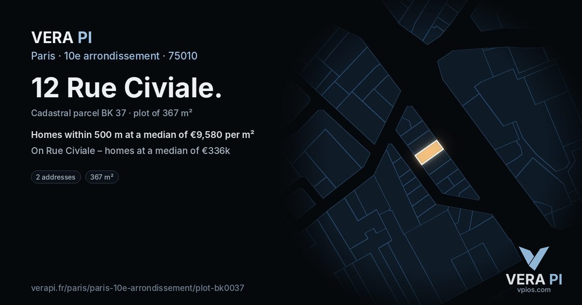 12 Rue Civiale, 10e arrondissement at night – the plot lit, the parcels around coloured by the prices near them
