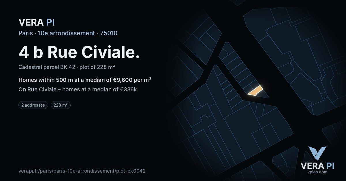 4 b Rue Civiale, 10e arrondissement at night – the plot lit, the parcels around coloured by the prices near them