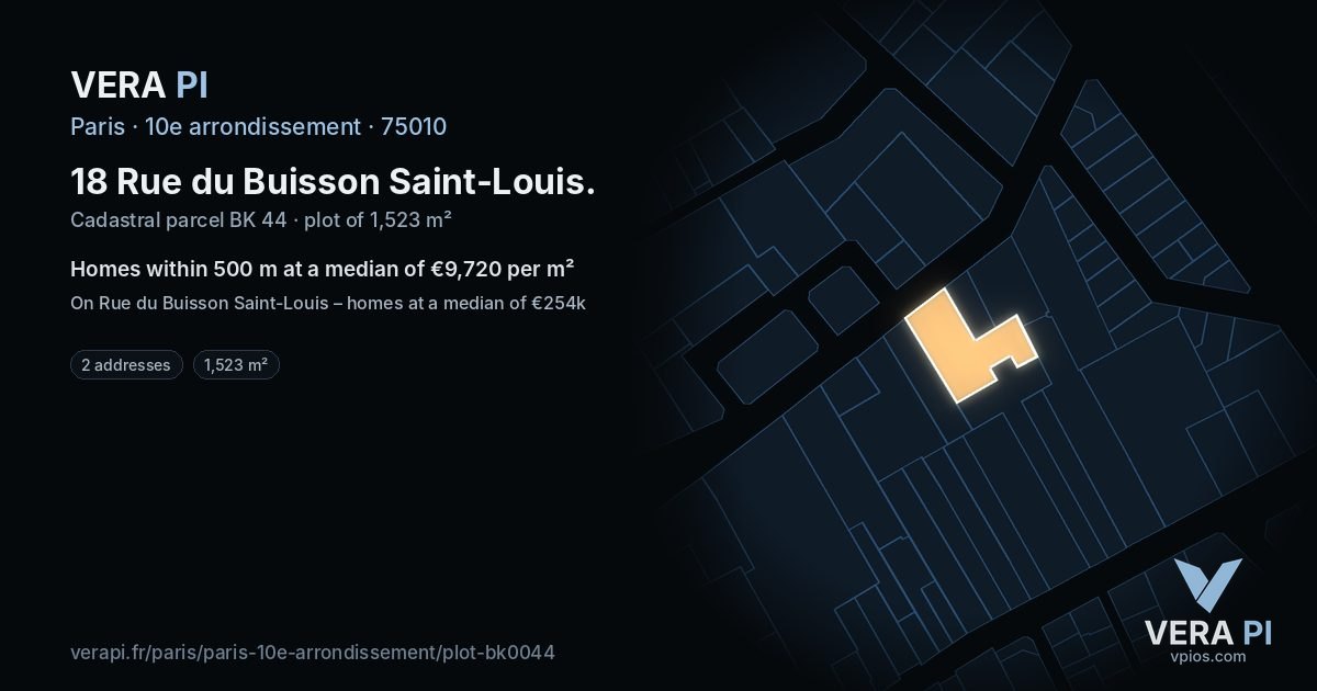 18 Rue du Buisson Saint-Louis, 10e arrondissement at night – the plot lit, the parcels around coloured by the prices near them