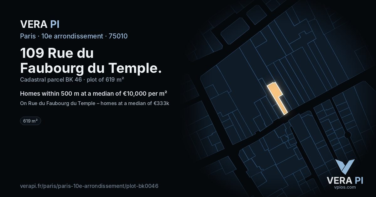 109 Rue du Faubourg du Temple, 10e arrondissement at night – the plot lit, the parcels around coloured by the prices near them