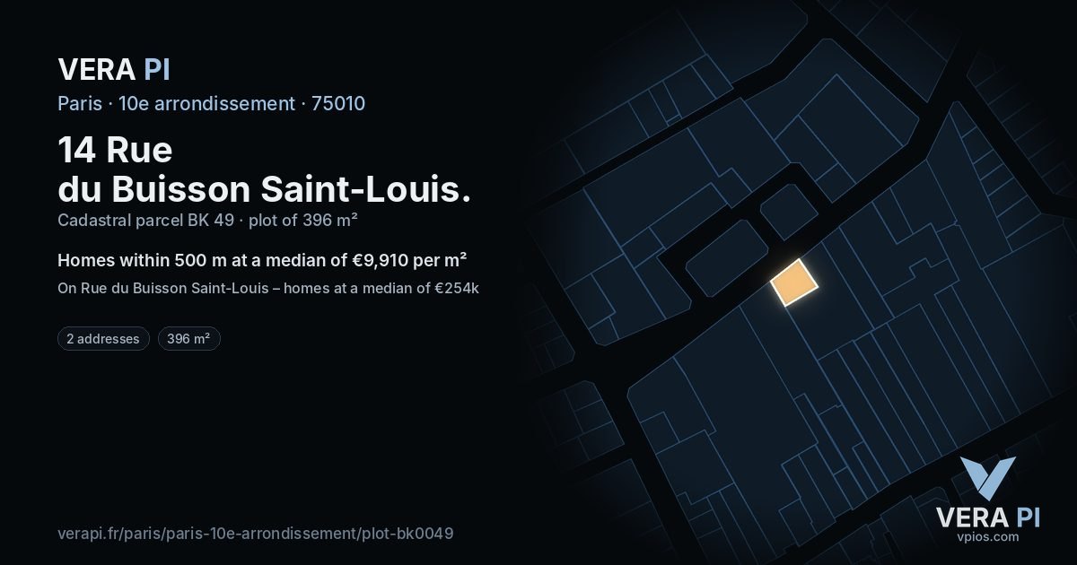 14 Rue du Buisson Saint-Louis, 10e arrondissement at night – the plot lit, the parcels around coloured by the prices near them