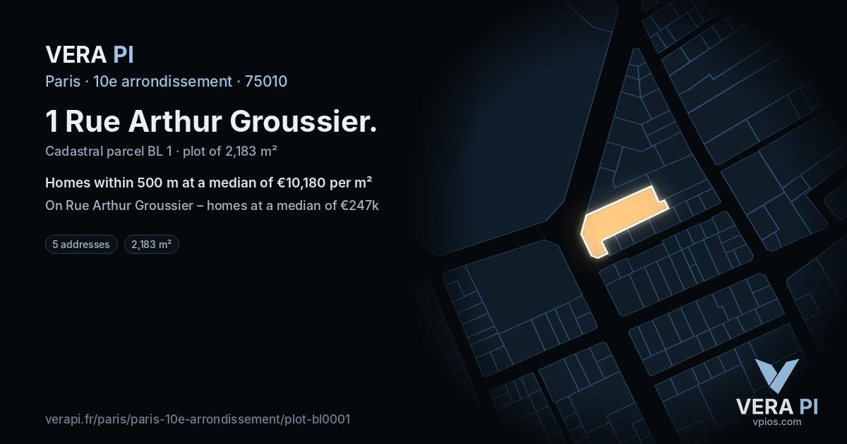 1 Rue Arthur Groussier, 10e arrondissement at night – the plot lit, the parcels around coloured by the prices near them