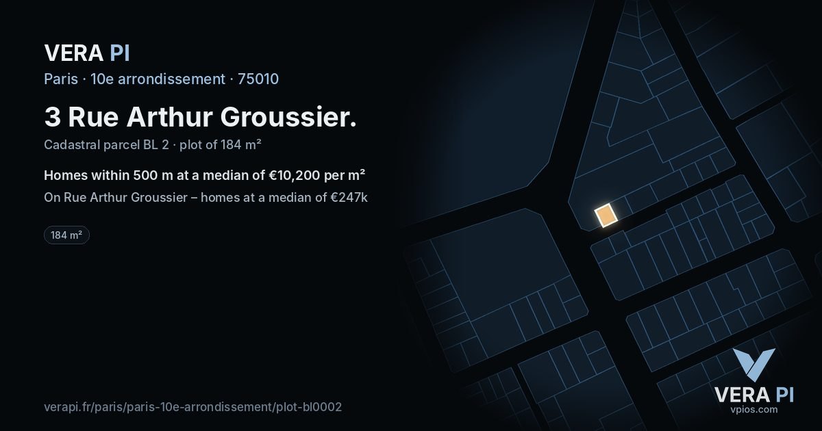 3 Rue Arthur Groussier, 10e arrondissement at night – the plot lit, the parcels around coloured by the prices near them