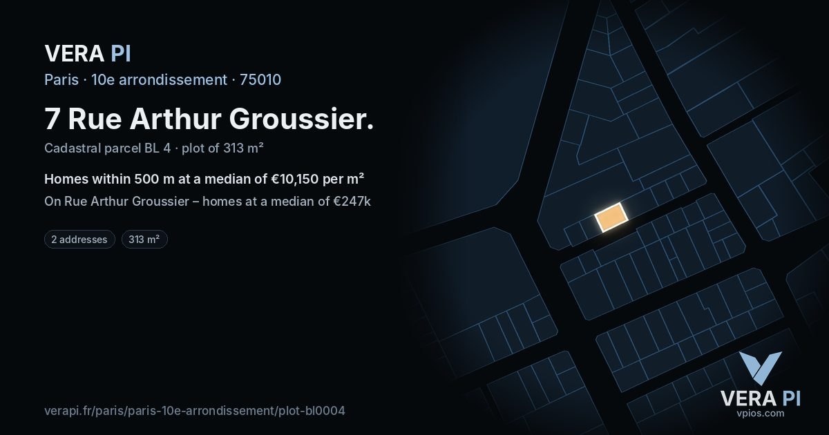 7 Rue Arthur Groussier, 10e arrondissement at night – the plot lit, the parcels around coloured by the prices near them