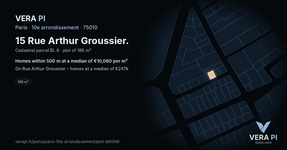 15 Rue Arthur Groussier, 10e arrondissement at night – the plot lit, the parcels around coloured by the prices near them