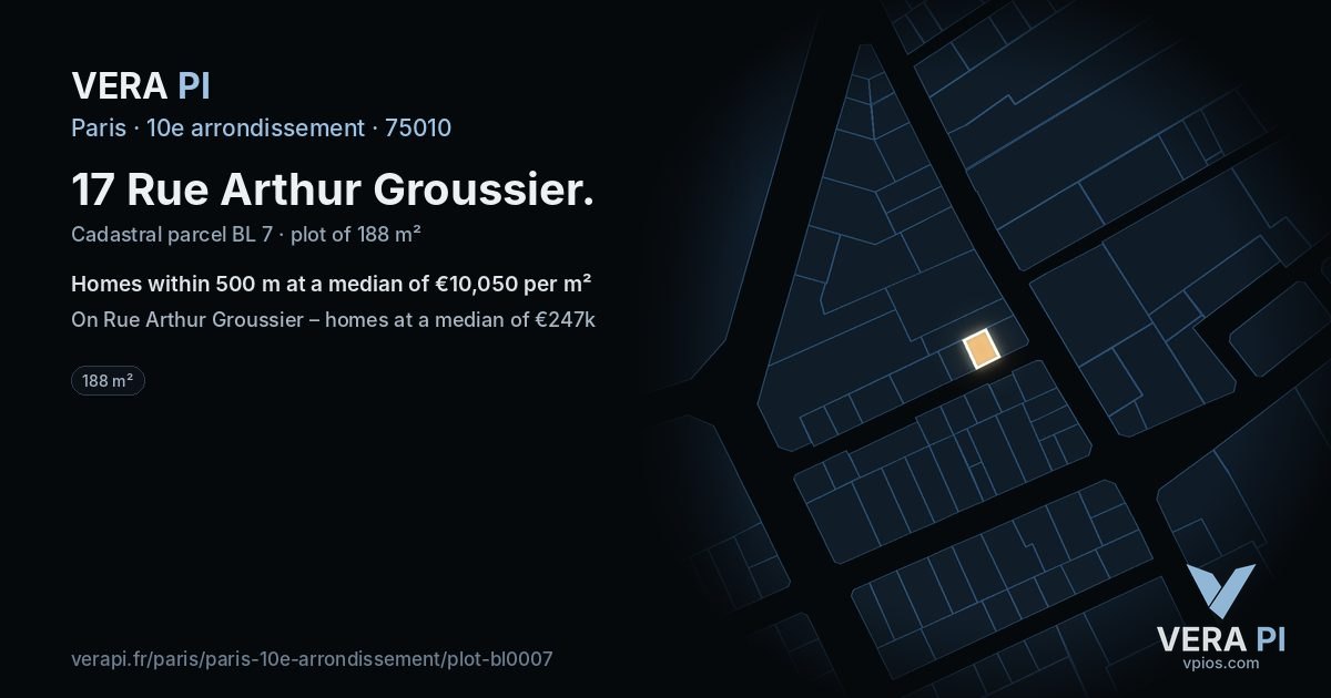 17 Rue Arthur Groussier, 10e arrondissement at night – the plot lit, the parcels around coloured by the prices near them