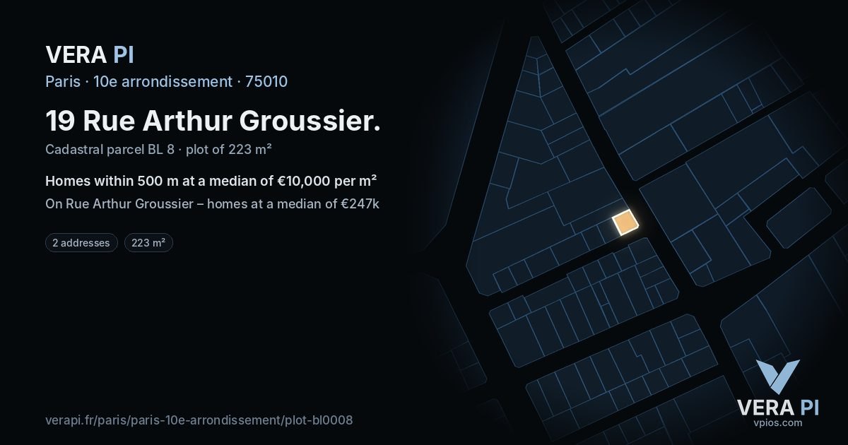 19 Rue Arthur Groussier, 10e arrondissement at night – the plot lit, the parcels around coloured by the prices near them