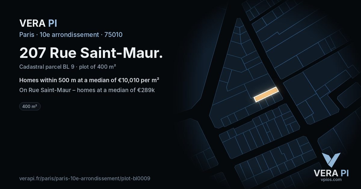 207 Rue Saint-Maur, 10e arrondissement at night – the plot lit, the parcels around coloured by the prices near them