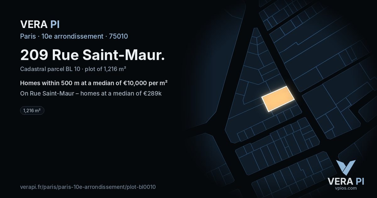 209 Rue Saint-Maur, 10e arrondissement at night – the plot lit, the parcels around coloured by the prices near them