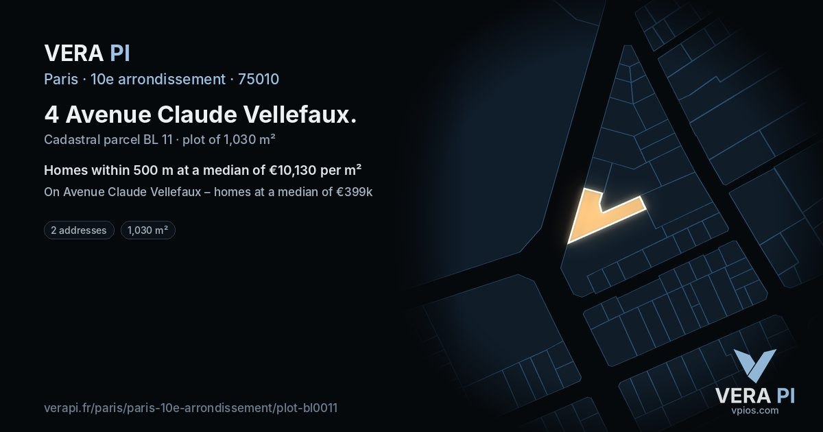 4 Avenue Claude Vellefaux, 10e arrondissement at night – the plot lit, the parcels around coloured by the prices near them