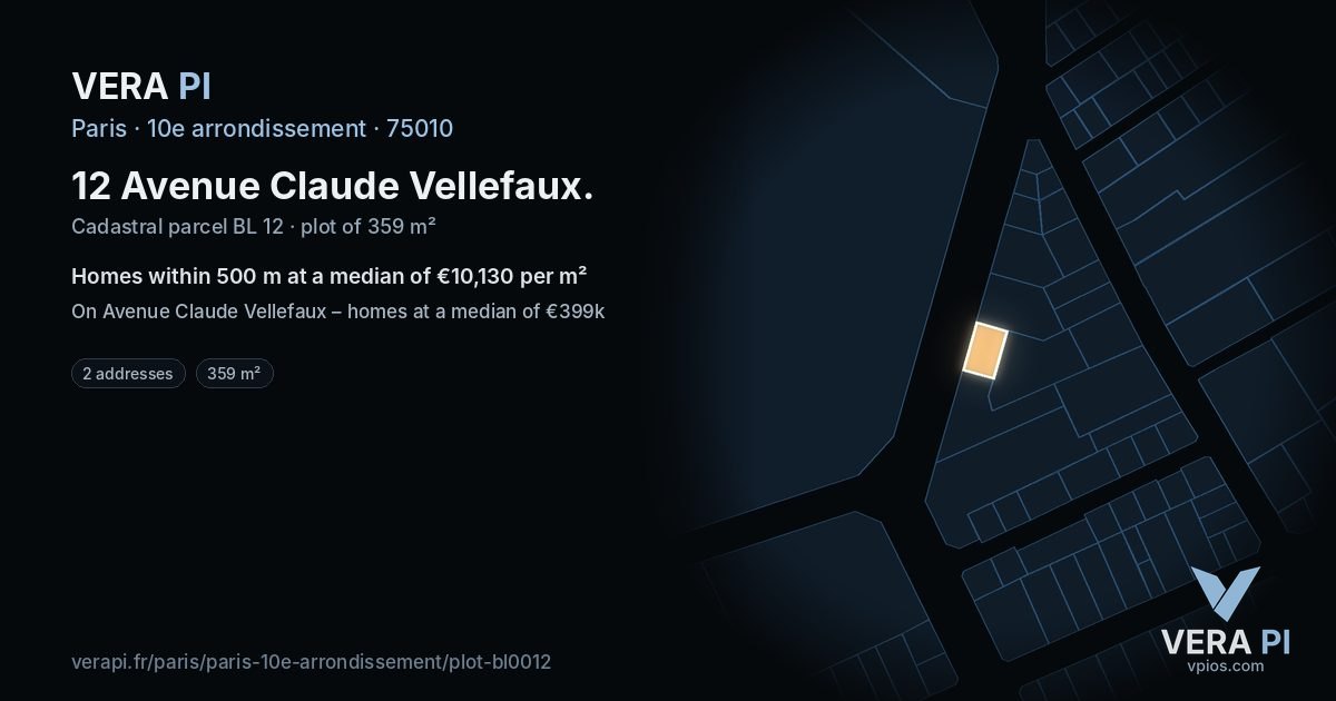 12 Avenue Claude Vellefaux, 10e arrondissement at night – the plot lit, the parcels around coloured by the prices near them