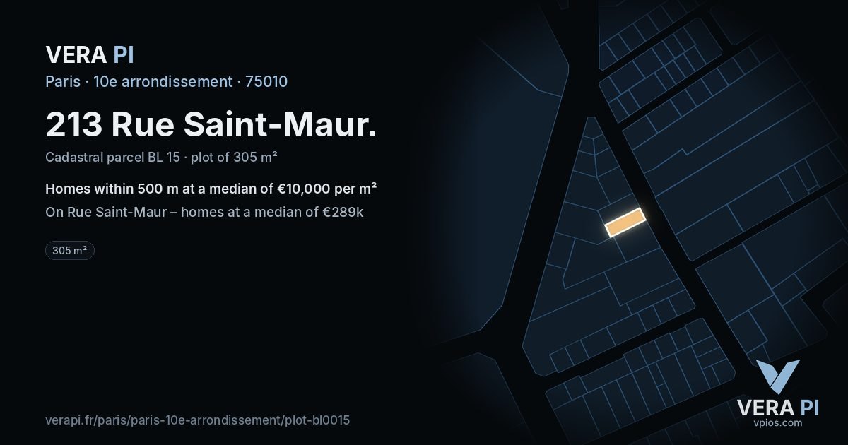213 Rue Saint-Maur, 10e arrondissement at night – the plot lit, the parcels around coloured by the prices near them