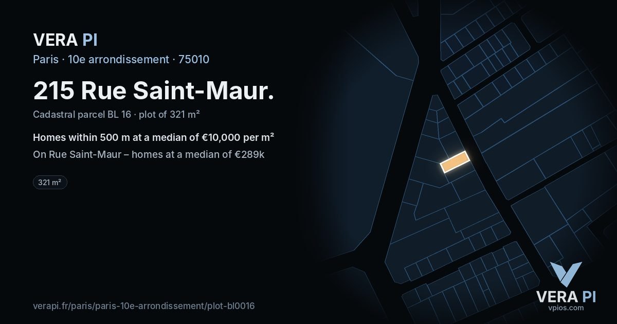 215 Rue Saint-Maur, 10e arrondissement at night – the plot lit, the parcels around coloured by the prices near them