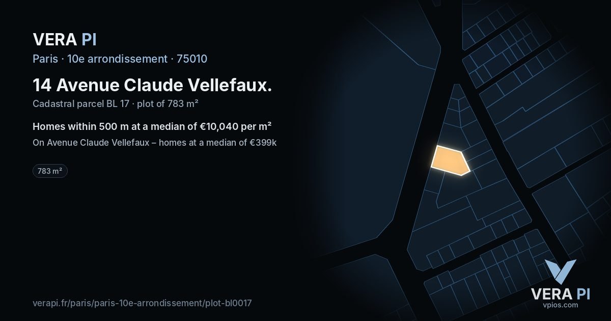 14 Avenue Claude Vellefaux, 10e arrondissement at night – the plot lit, the parcels around coloured by the prices near them