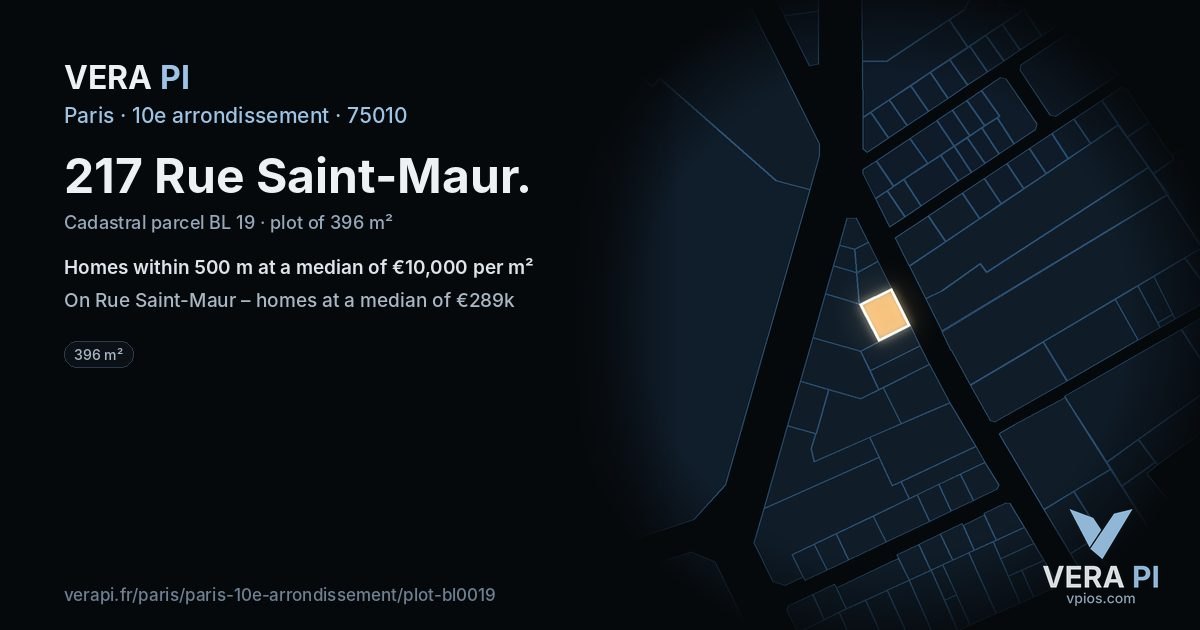 217 Rue Saint-Maur, 10e arrondissement at night – the plot lit, the parcels around coloured by the prices near them