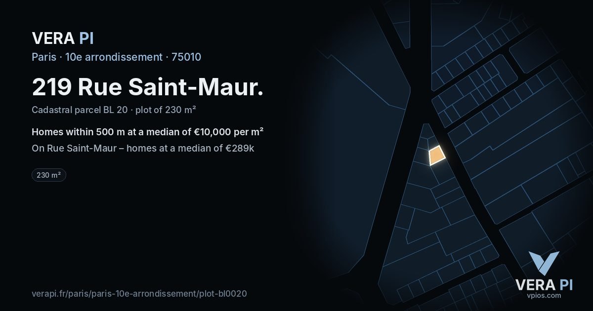 219 Rue Saint-Maur, 10e arrondissement at night – the plot lit, the parcels around coloured by the prices near them