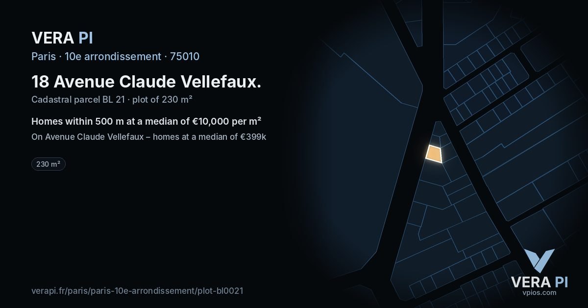 18 Avenue Claude Vellefaux, 10e arrondissement at night – the plot lit, the parcels around coloured by the prices near them