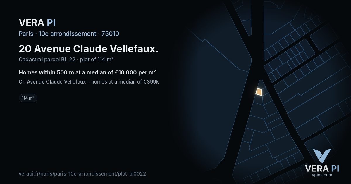 20 Avenue Claude Vellefaux, 10e arrondissement at night – the plot lit, the parcels around coloured by the prices near them