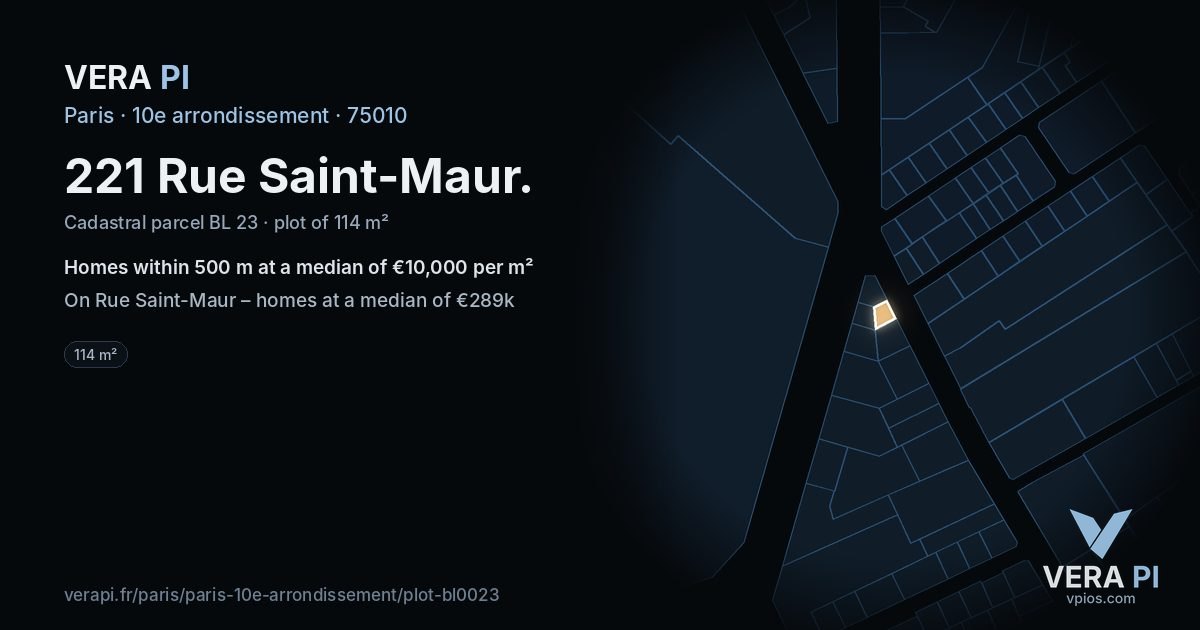 221 Rue Saint-Maur, 10e arrondissement at night – the plot lit, the parcels around coloured by the prices near them