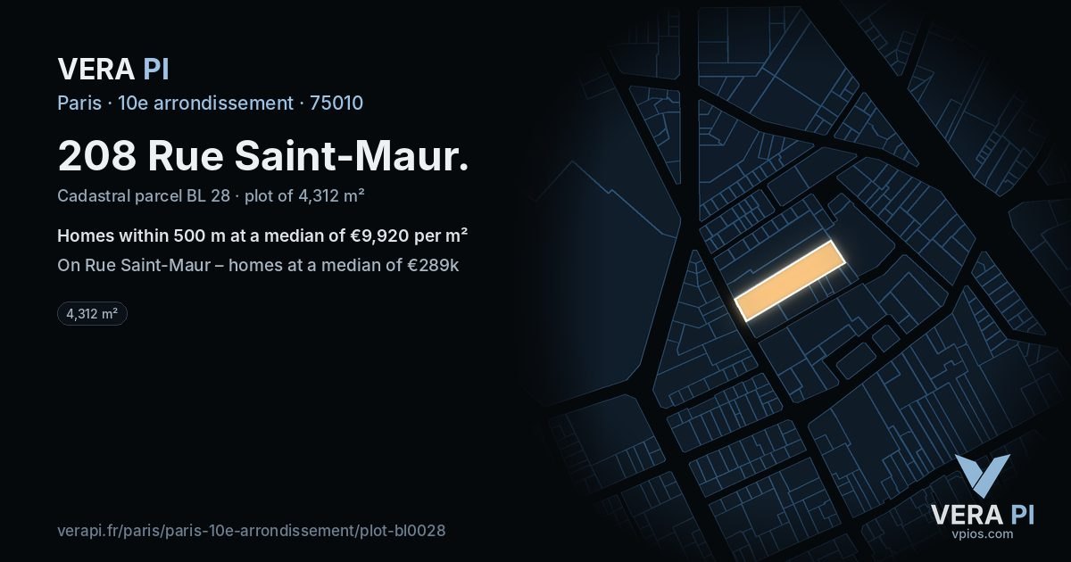 208 Rue Saint-Maur, 10e arrondissement at night – the plot lit, the parcels around coloured by the prices near them