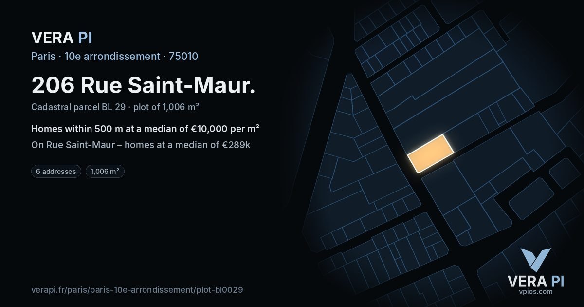 206 Rue Saint-Maur, 10e arrondissement at night – the plot lit, the parcels around coloured by the prices near them