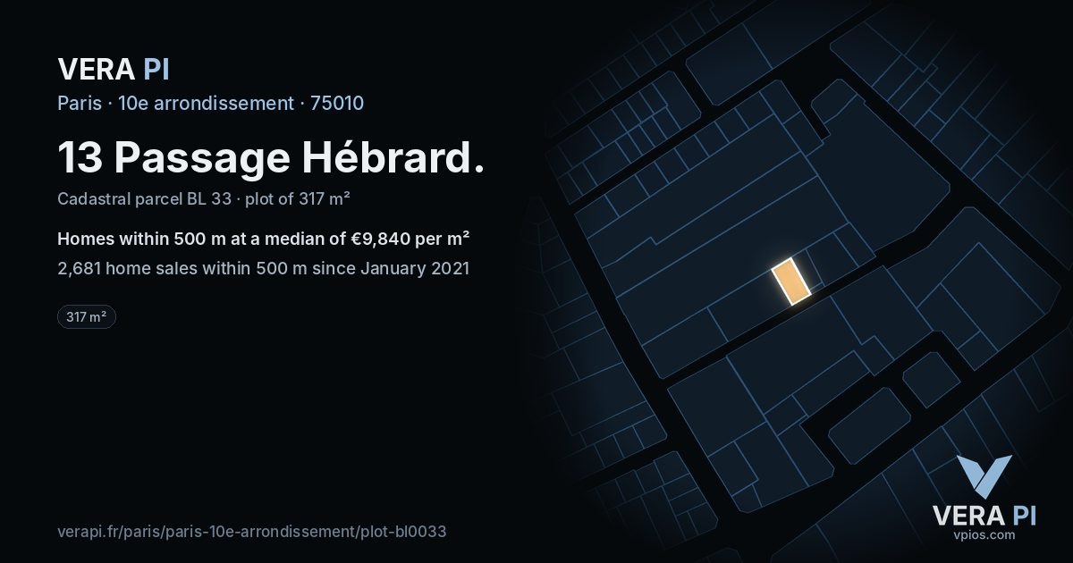 13 Passage Hébrard, 10e arrondissement at night – the plot lit, the parcels around coloured by the prices near them