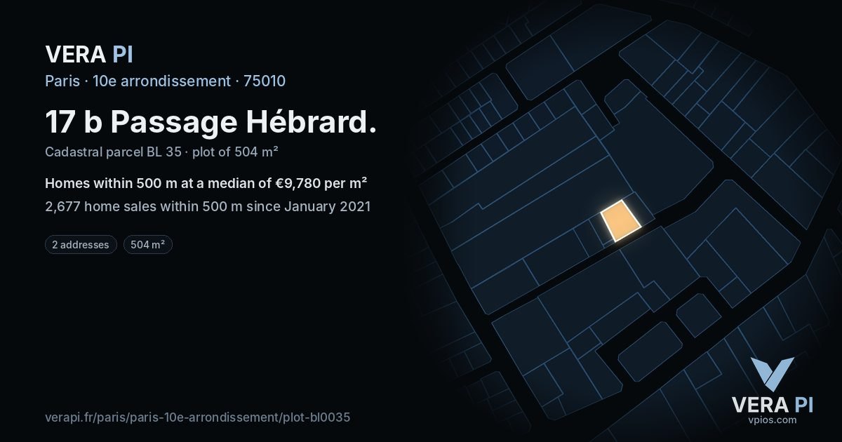 17 b Passage Hébrard, 10e arrondissement at night – the plot lit, the parcels around coloured by the prices near them